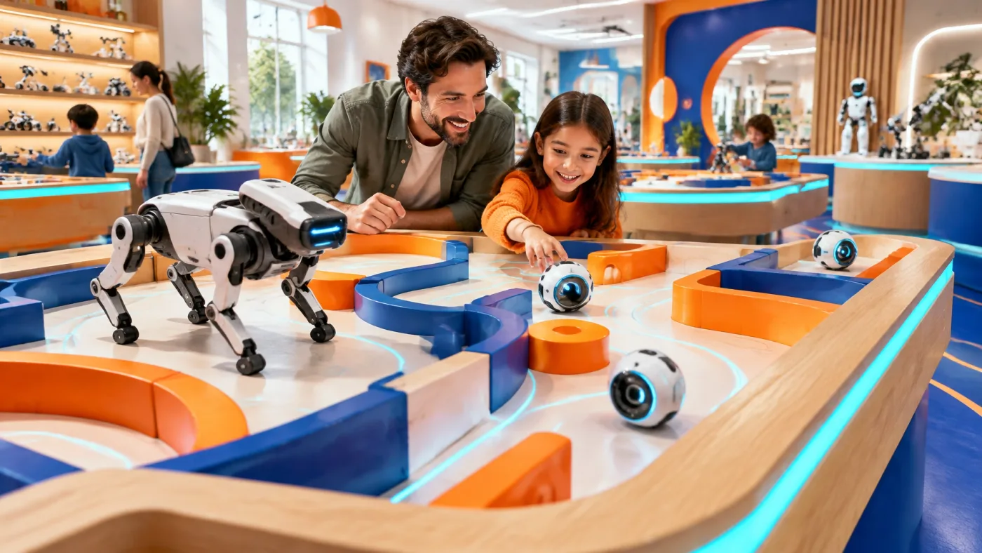 A parent and child testing friendly robots across glowing interactive play tables