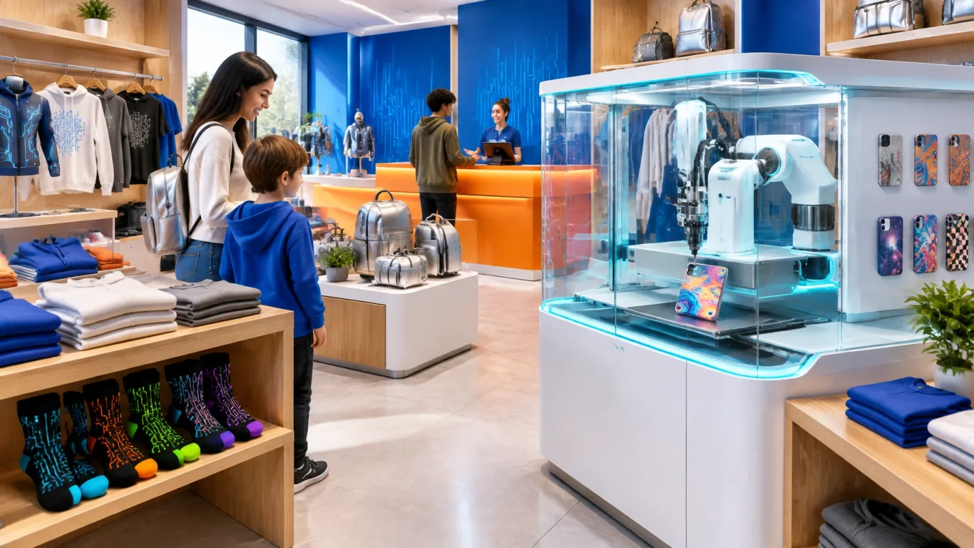 A bright lifestyle tech boutique with a robotic phone-case printer and apparel displays