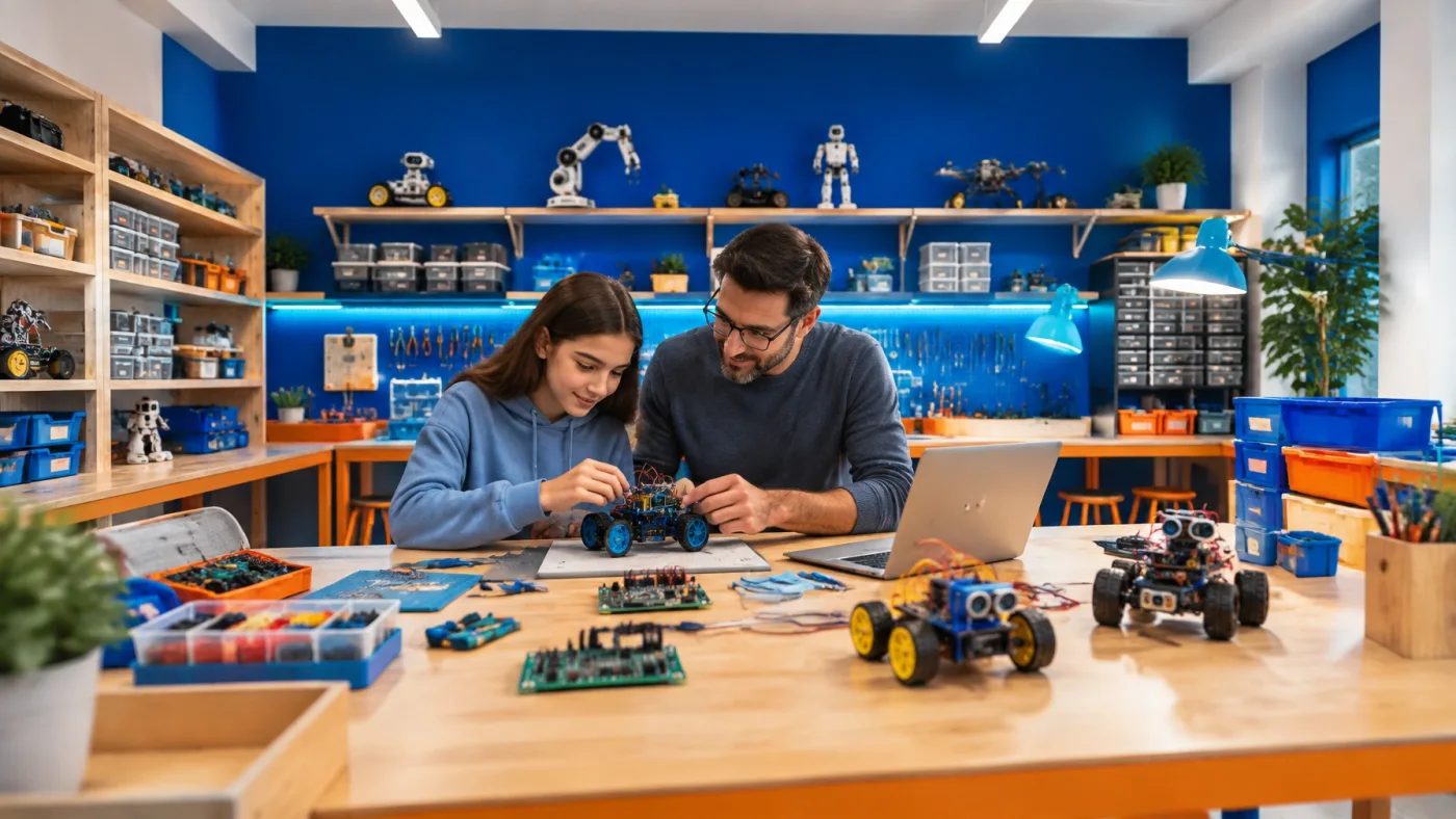 Teen and adult hobbyist building an electronics project together at a workshop table
