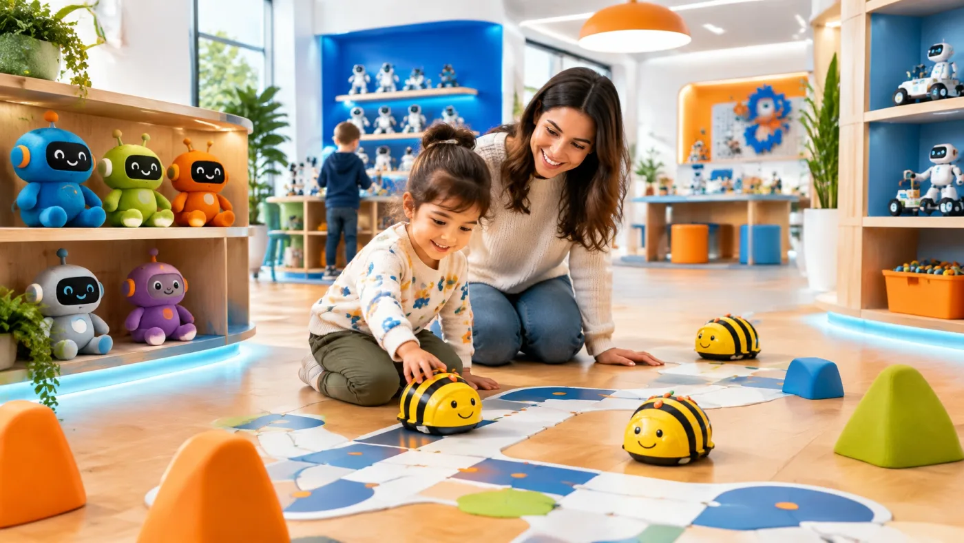 A child and parent exploring small coding robots in a bright early STEM department