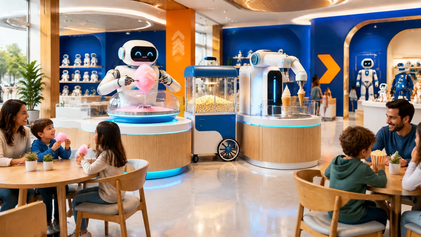 Families enjoying treats beside bright automated food machines in the front-window café