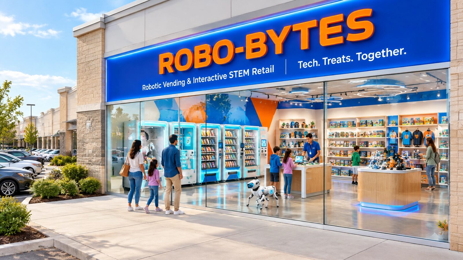Robo-Bytes robotic vending storefront with illuminated machines inside